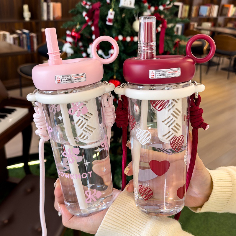 粉色红色吸管杯儿童塑料水杯卡通斜跨杯杯