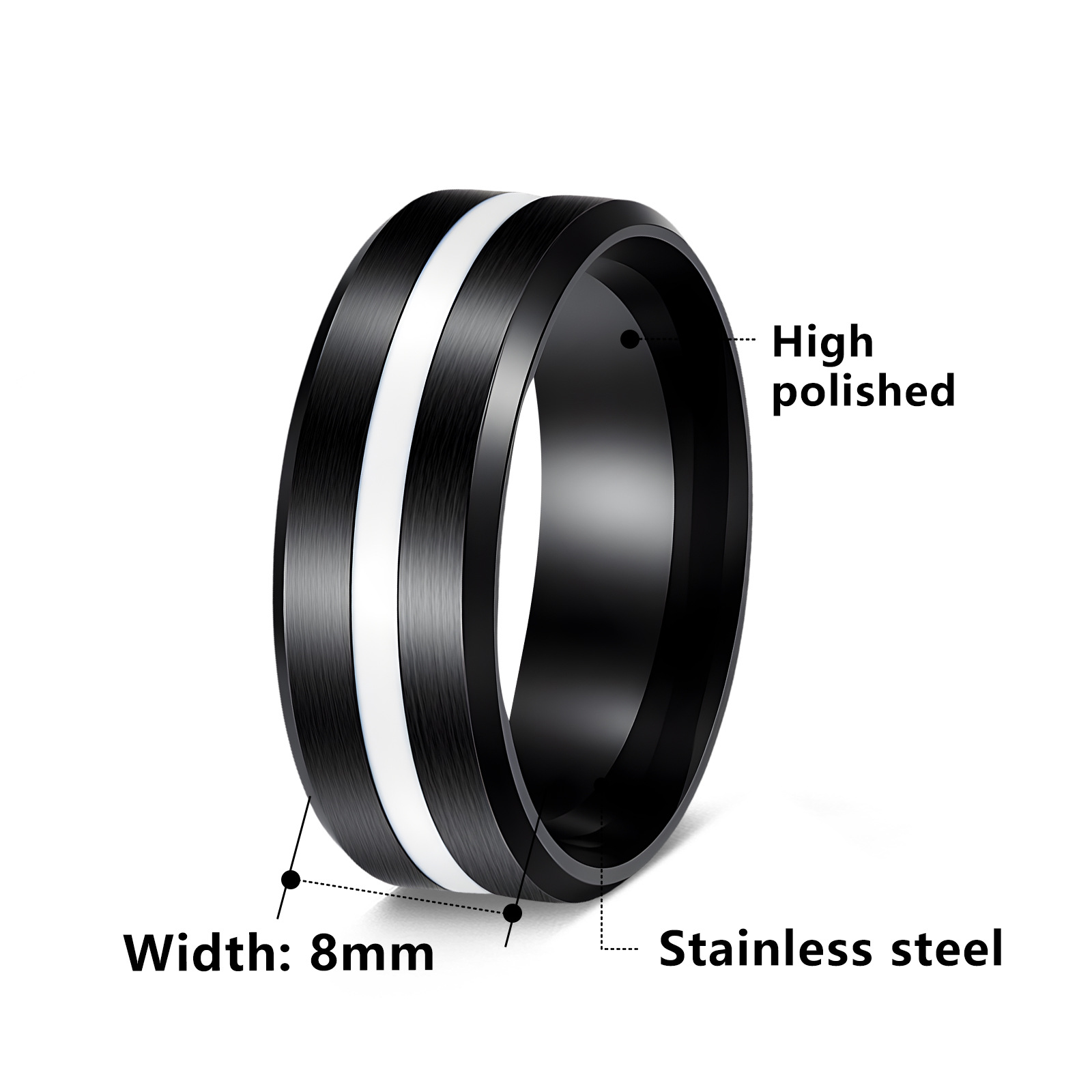 Crossover hot sale 8MM ancho plateado arena negra superficie acero inoxidable goteo hombres anillo de moda simple accesorios de mano al por mayor Item Picture