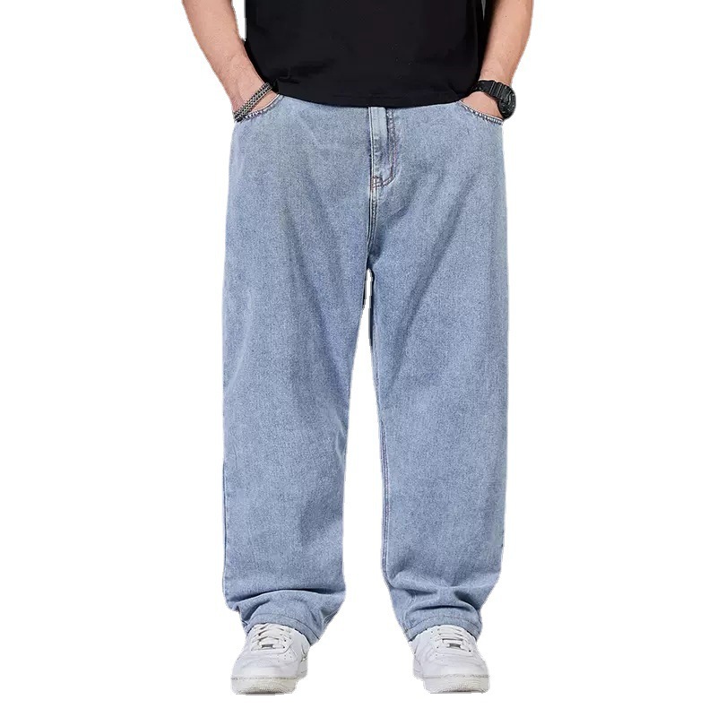 Plus-size jeans for men to gain weight in autumn, plus-size men's pants, loose straight-leg, fat guys, wide-leg stretched-waist long pants Item Picture