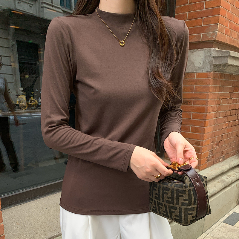 Women's semi-high-neck long-sleeved T-shirt top for spring, autumn and winter, with a fitted, brushed and fleece base layer inside a small stand-up collar
