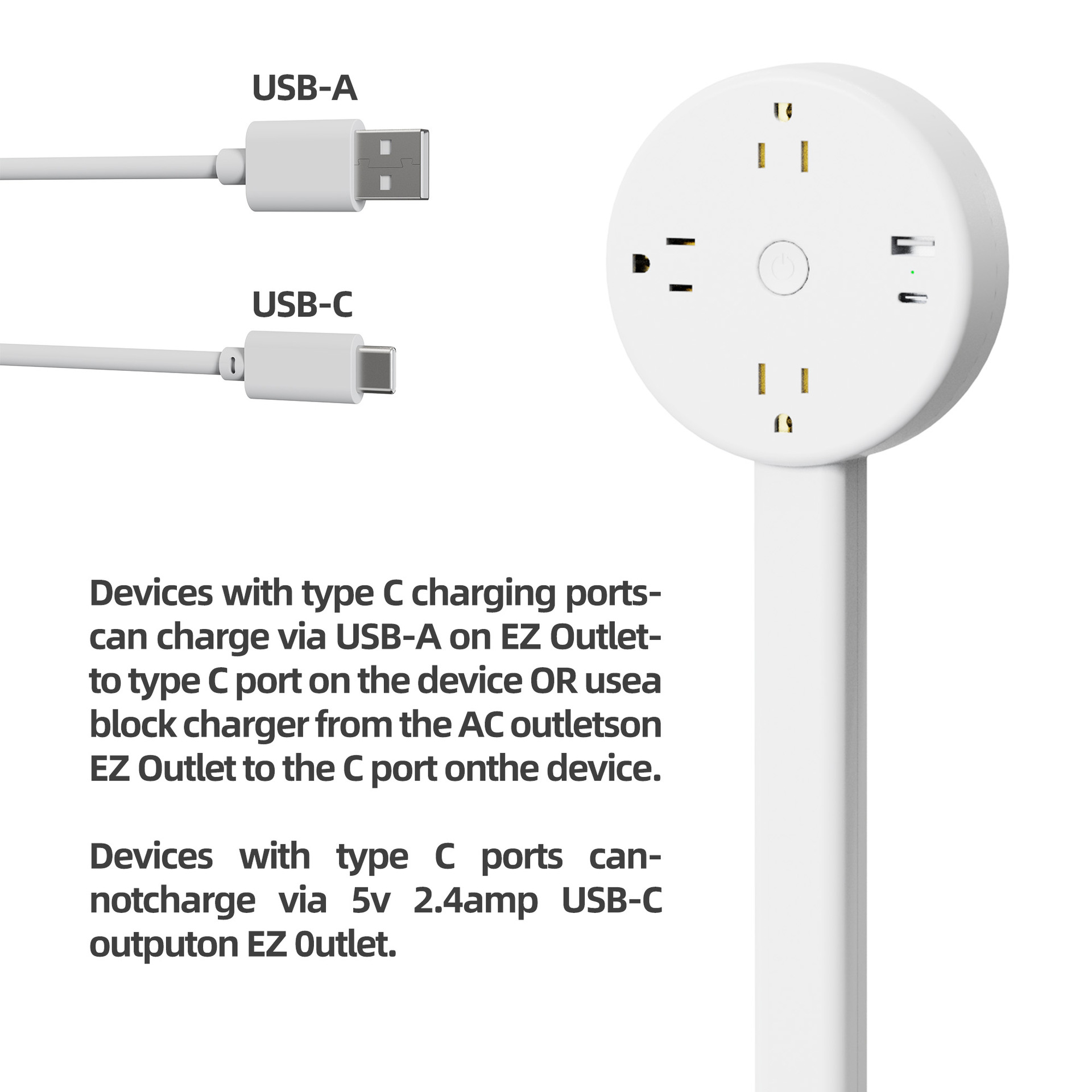 The power socket extender is equipped with a USB-AUSB-C interface and two AC sockets, which can be extended to 27.56 inches Specification image