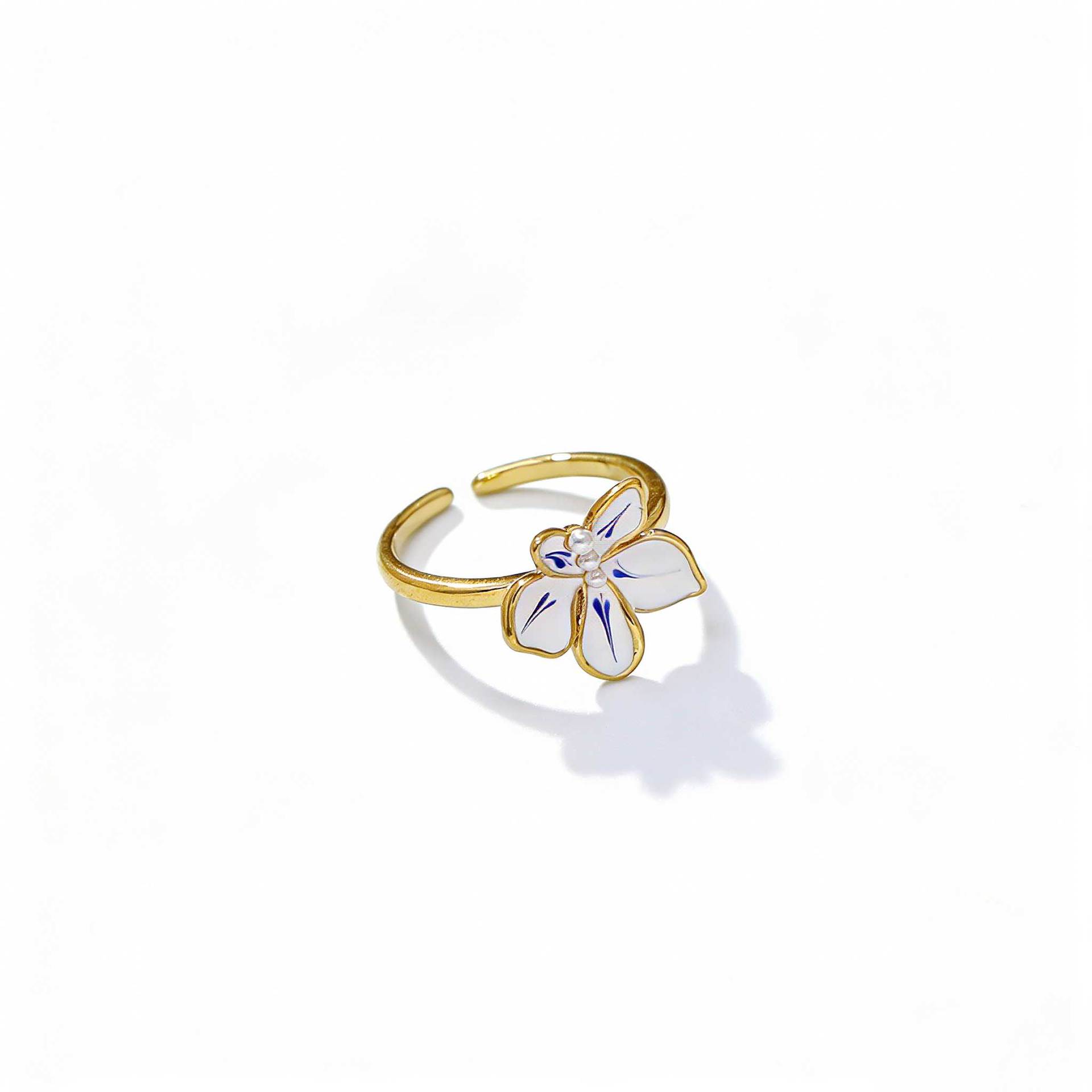 Hyacinth's Spring and summer live-streaming bestseller, the blue and white enamel drop glaze flower ring, features a unique and elegant design with a light luxury open ring Item Picture