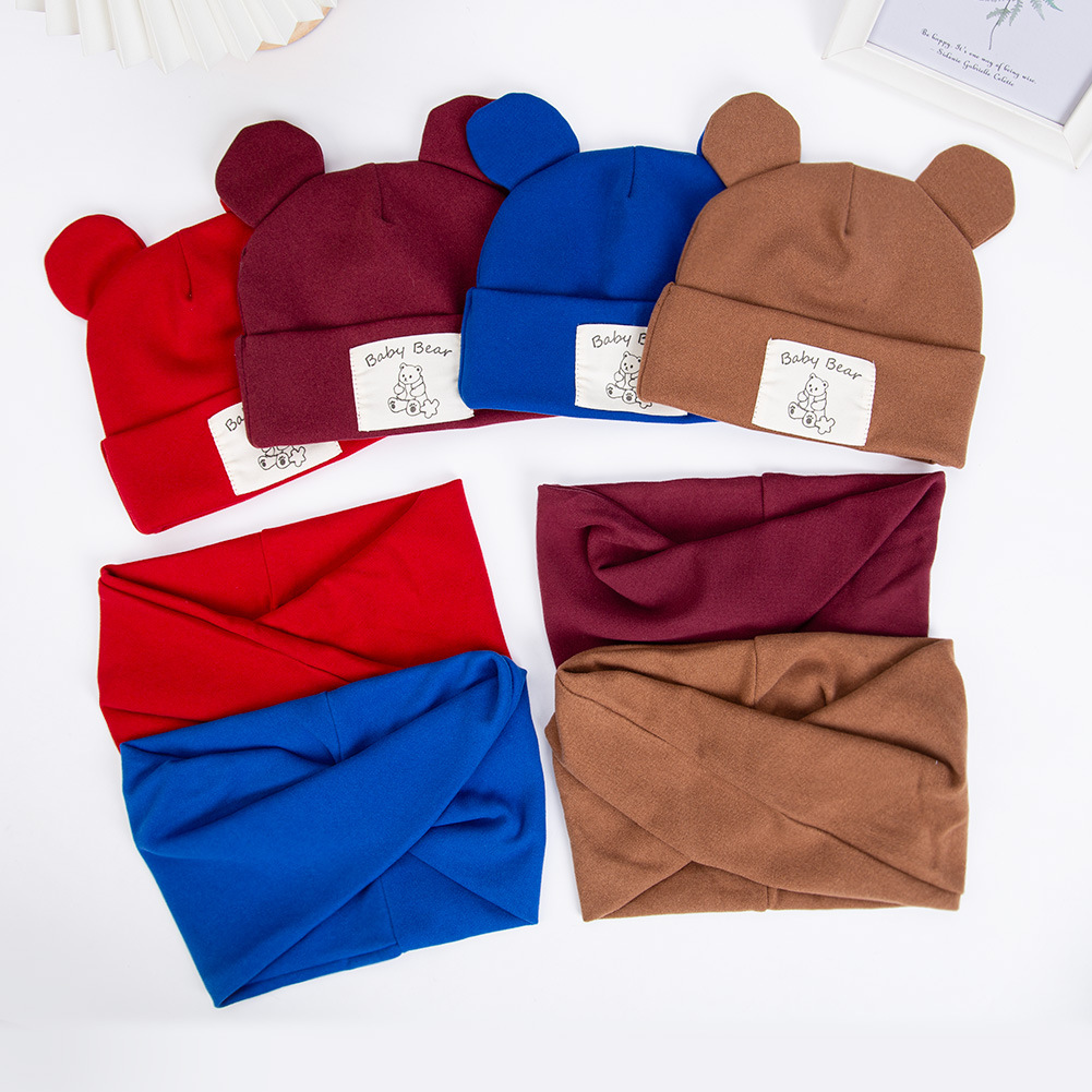外贸款宝宝胎帽小熊耳朵款贴标婴儿套头帽仿羊绒护卤帽子围巾套装