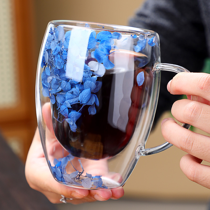 High borosilicate glass cups, double-layer dry flower glass cups, explosion-proof and heat-insulating, high appearance level with handles, drinking cups and coffee cups details Picture