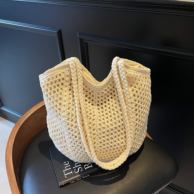 Cross-Border Woven Bags, Casual Large-Capacity Cotton Thread Woven Bags, New Hollowed-Out Straw Woven Bags, Laid-Back Style Single-Shoulder Bags, Vacation Beach Bags, Women's Bags, Crossbody Tote Bags, Woven Bags Specification drawing