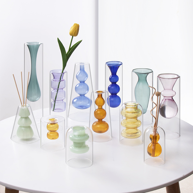 Colored double-layer glass vase, flameless glass art aromatherapy bottle, transparent vase, hydroponic restaurant table decoration details Picture