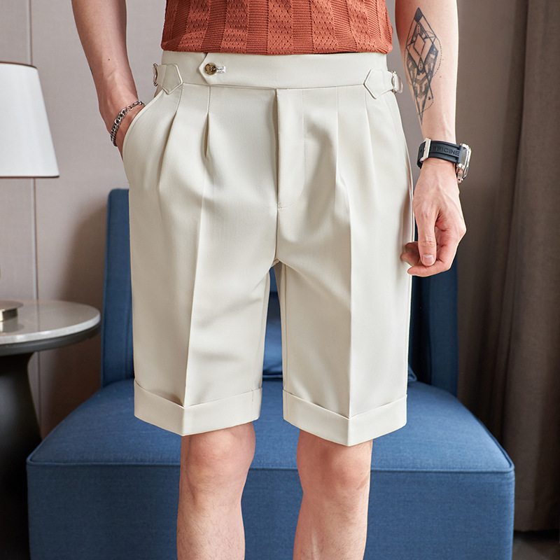 Cross-border foreign trade wholesale men's Neapolitan casual short trousers, slim-fit straight leg, rolled-up solid color Curvetail capri pants Specification drawing