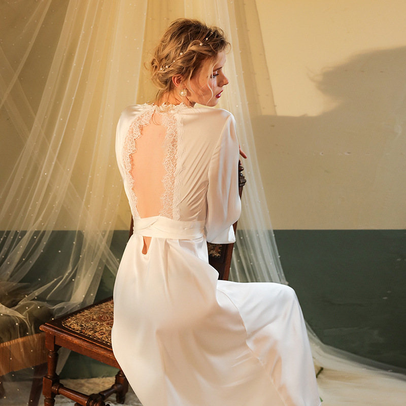 High-end sexy bathrobes, long backless bathrobes, pajamas, long-sleeved women's satin home wear wholesale 369 light luxury Specification image