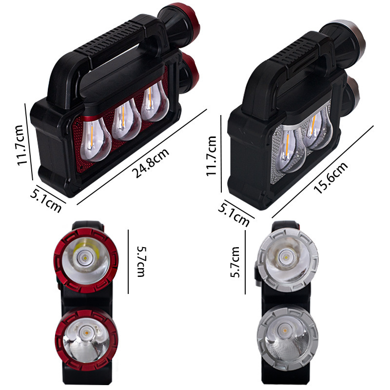 Solar-powered portable lamp, multi-functional outdoor camping portable searchlight, dual light sources for near and far, hand-pressed power generation Item Picture