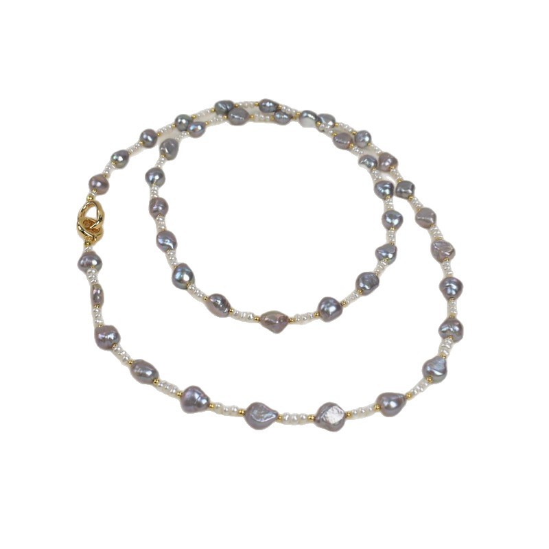 Baroque pearl necklace for women, natural freshwater, a lot of linen grey sweater chain, a light luxury and high-end original design necklace Item Picture