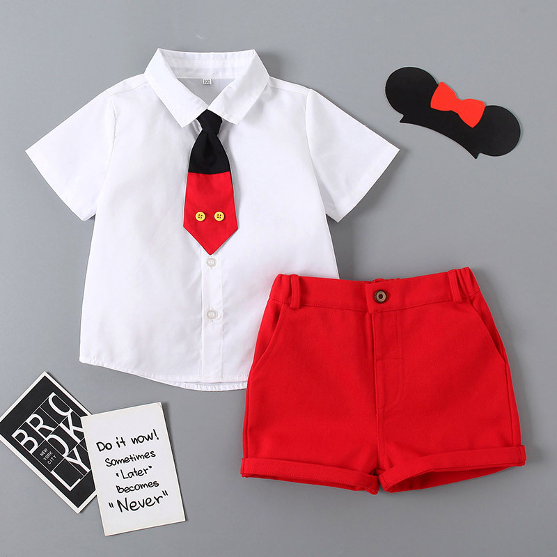 Summer children's clothing Korean-style boys' set, cool tie, solid color children's short-sleeved shirt and trousers two-piece set Specification image