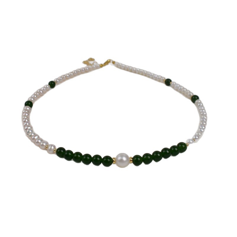 Natural freshwater pearl necklace, green agate round beads, elegant and high-end neckchain, autumn and winter outfit, pearl sweater chain Item Picture