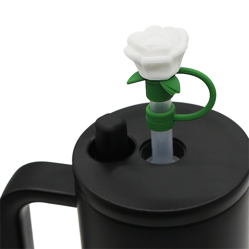 Amazon 3D silicone 10mm straw cap, cross-border cute rose straw, dust-proof and recyclable straw cap Item Picture