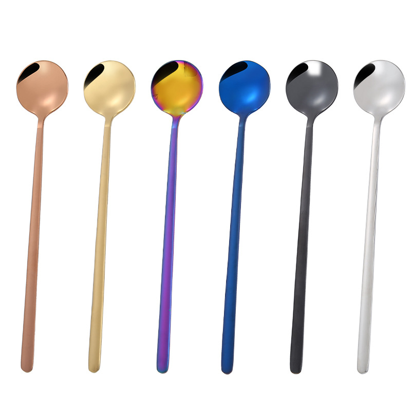 304不锈钢勺子高颜值家用咖啡勺长柄搅拌勺蛋糕甜品勺镀色冰勺白底实物图