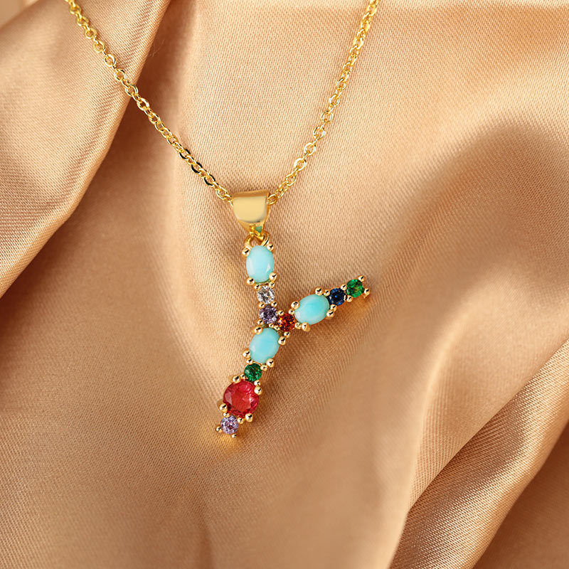 A cross-border copper micro-inlaid colored zircon pendant with 26 English letters, a niche hip-hop necklace and collarbone chain details Picture