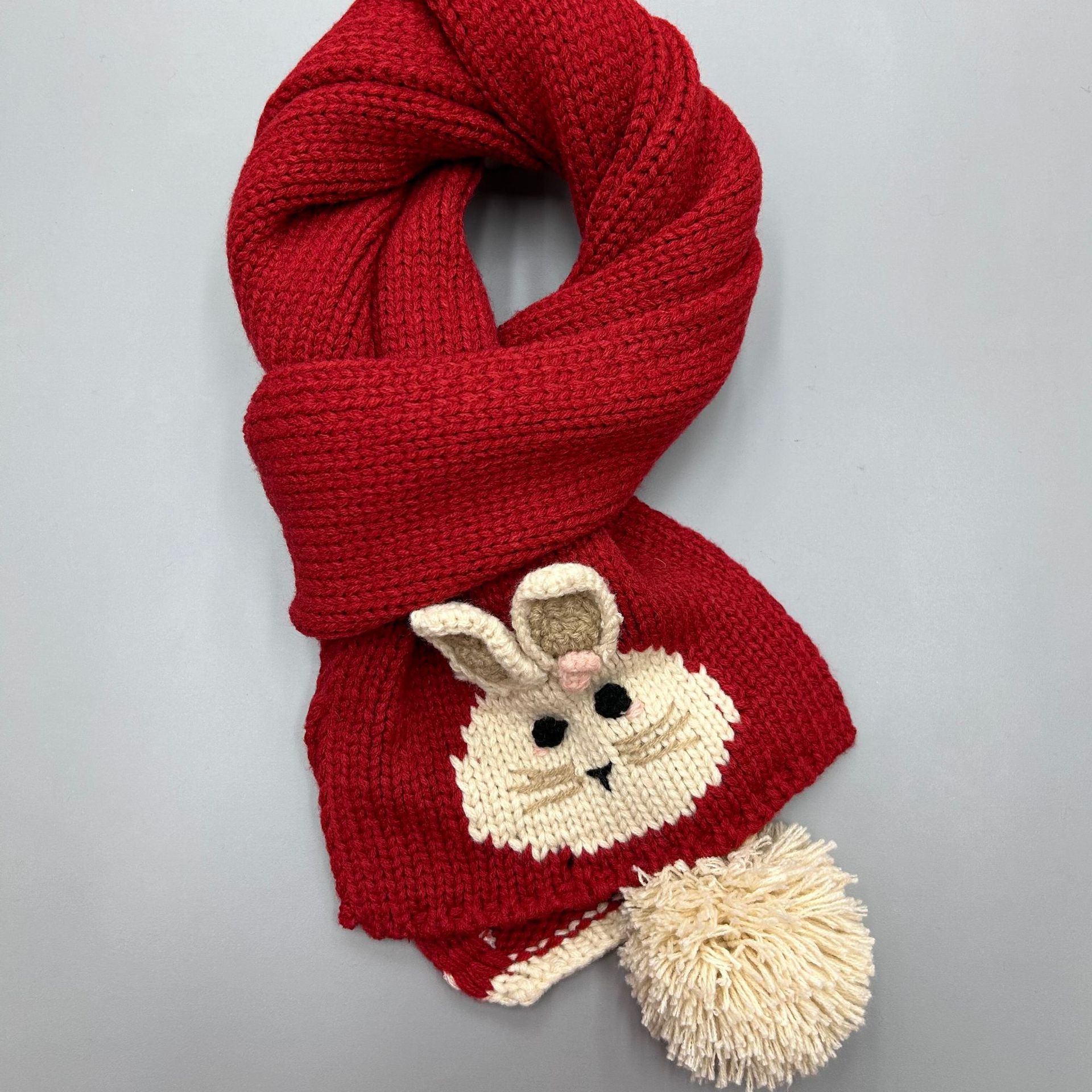 Wholesale of thickened and warm hand-embroidered rabbit pom-pom scarves and scarves made of Korean-style knitted yarn in 2025 Specification image