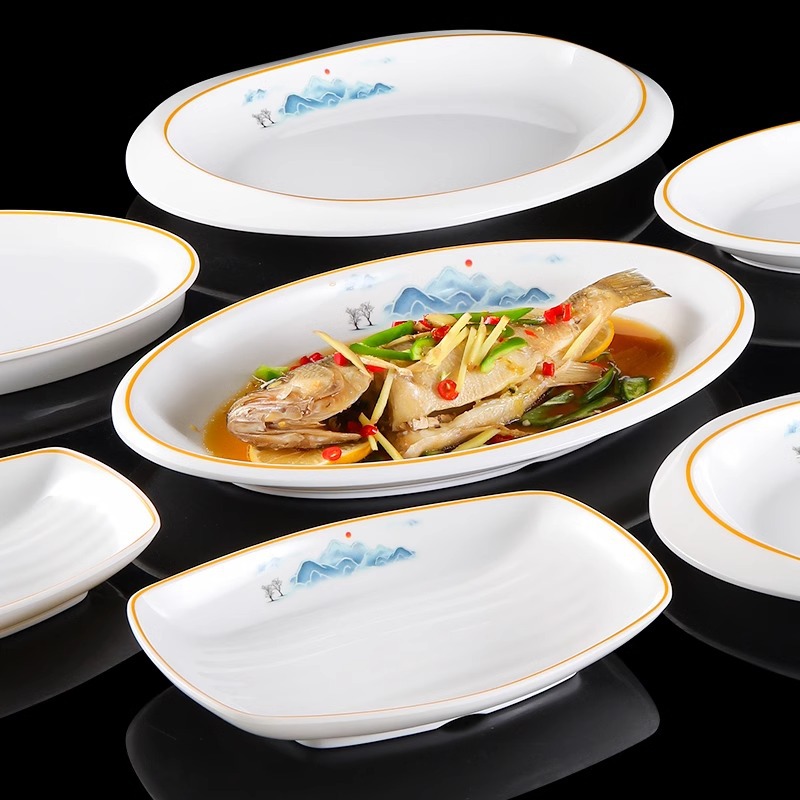 Melamine fish plate, oval imitation porcelain stir-frying plate, commercial restaurant large plate, hot pot plate, hotel commercial tableware
