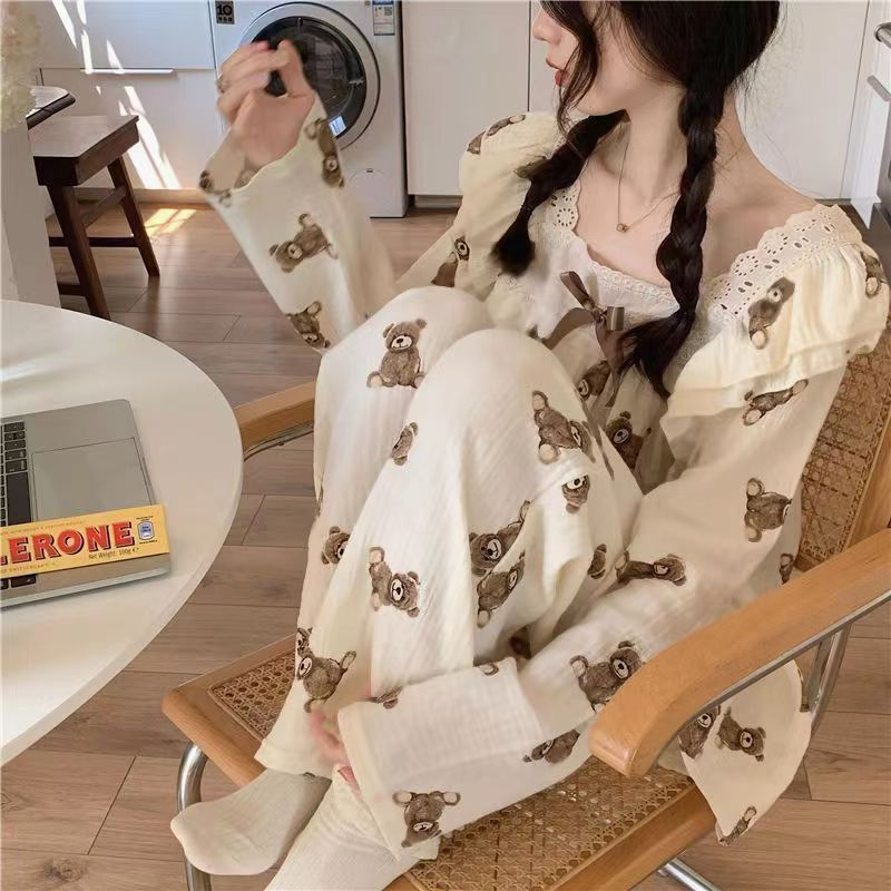 韩版秋季跨境睡衣女v领蕾丝甜美卡通满印小熊网红外贸直播家居服细节图