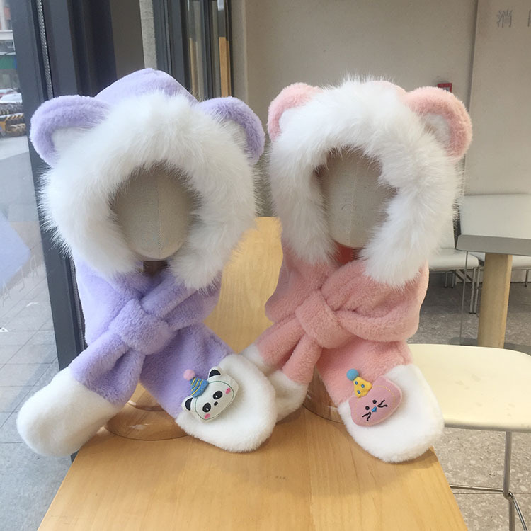 Korean baby winter warm and cute Christmas bear patchwork hat and scarf integrated fleece and thickened ear-protective cap
