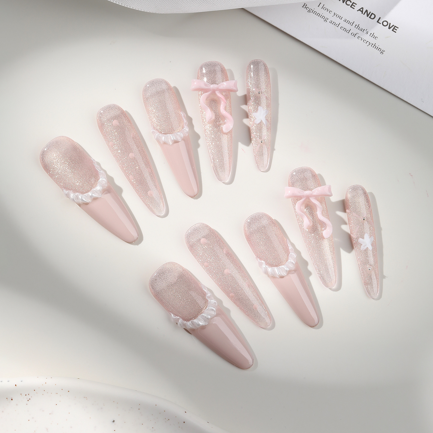 Zhuo Shimei's handcrafted ballet girl French high-end cat-eye whitening detachable bow nail art details Picture