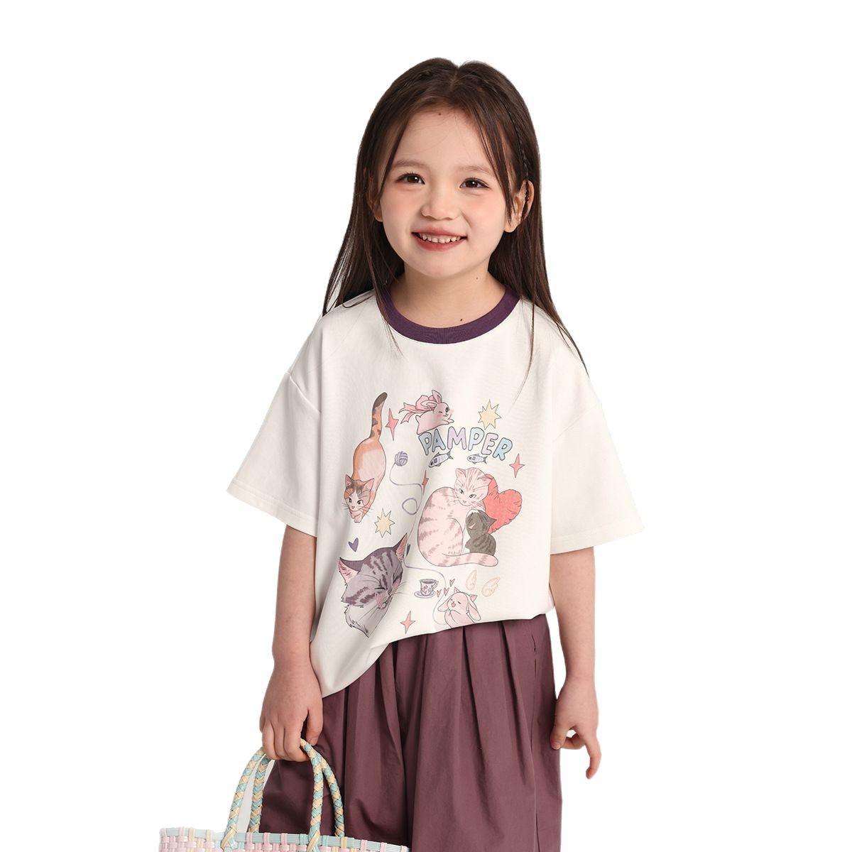 Pudding Haru Children's Cartoon Print short-sleeved T-shirt 2026 New Girls' Summer Dopamine round-neck base Layer Item Picture