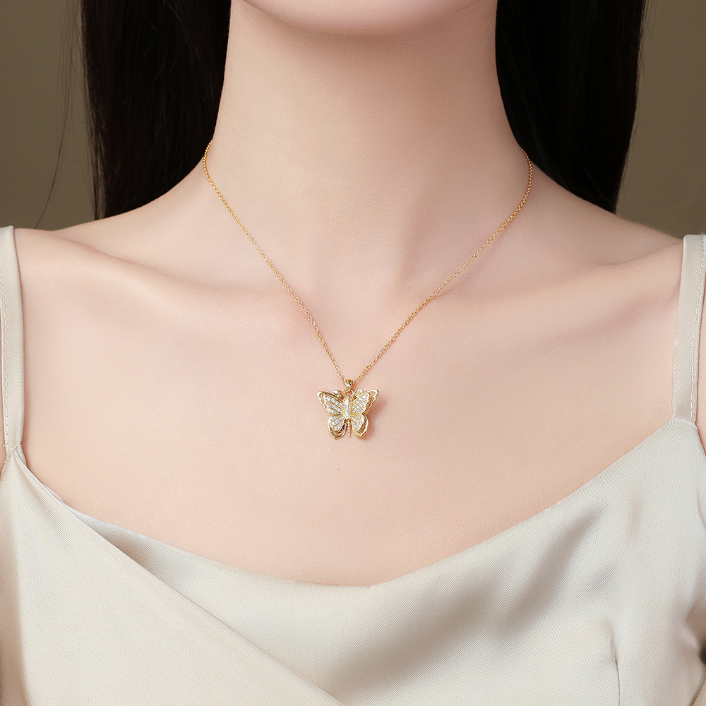 s925纯银古法锆石蝴蝶满钻毛衣链复古轻奢双层立体吊坠女银项链产品图