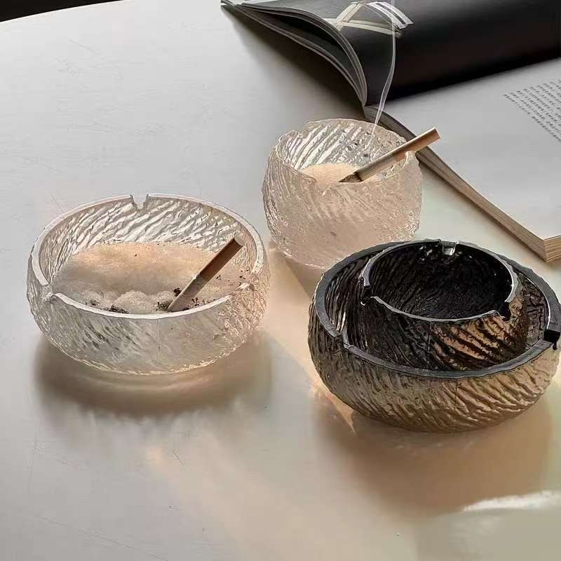 Glass ashtray anti-smoke Canghai series household living room decoration, INS style vortex threaded grey ashtray Specification image