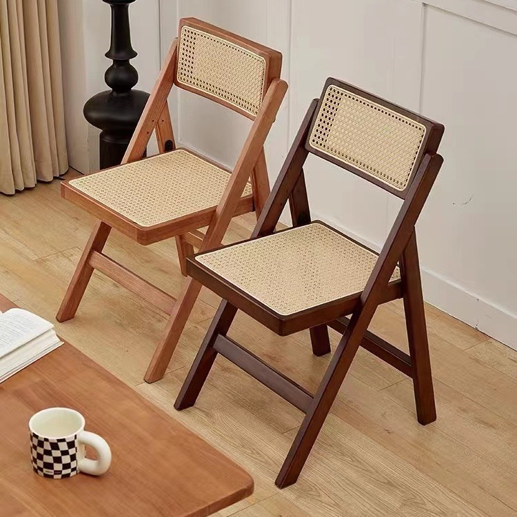 中古侘寂风藤编椅子家用折叠椅实木凳子靠背餐椅北欧风休闲办公椅