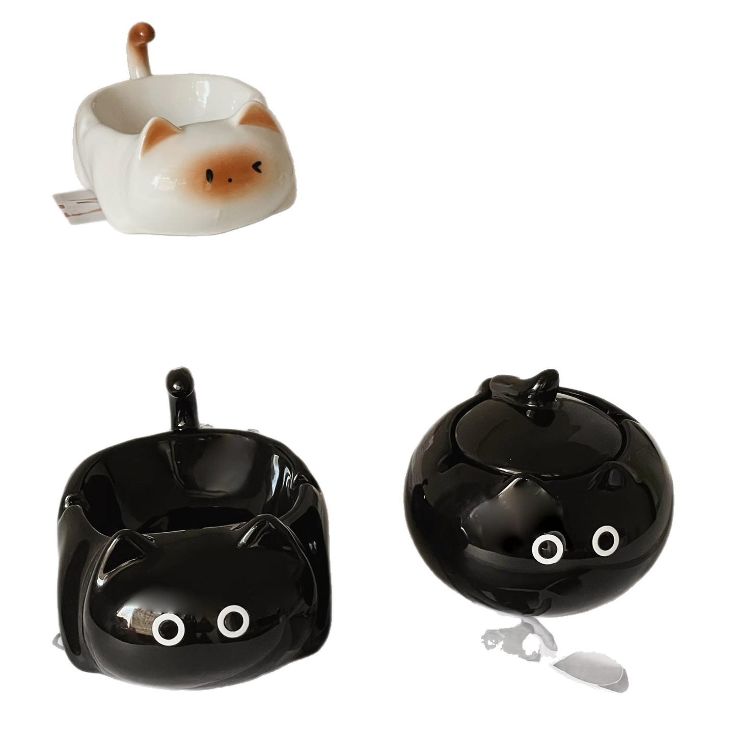 创意可爱暹罗猫陶瓷烟灰缸客厅办公室桌面防飞灰带盖烟缸装饰摆件详情图5