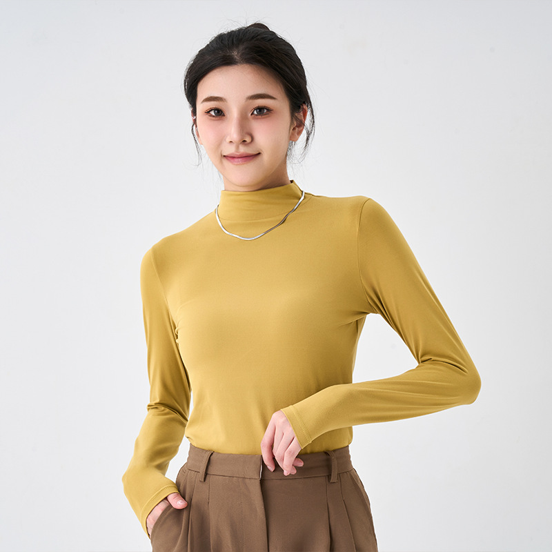 秋季薄款女士半高领长袖卫衣纯色内搭打底衫高弹亲肤休闲运动上衣产品图