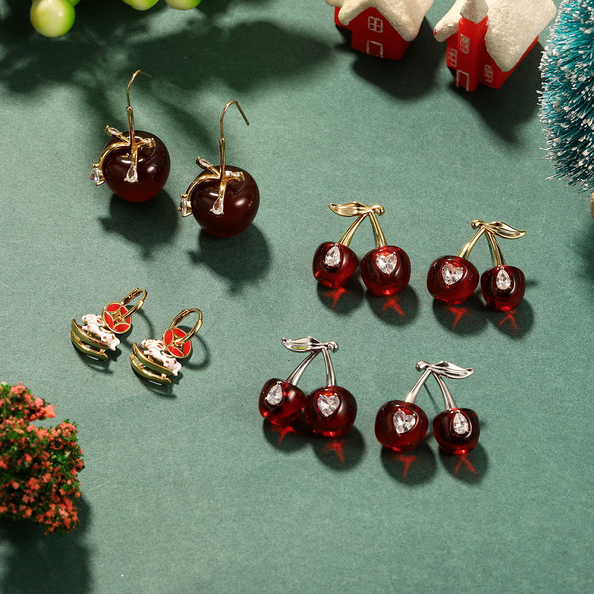 Wine red cherry earrings for the New Year and Christmas, light luxury and high-end stud earrings, autumn and winter niche design earrings, New Year earrings