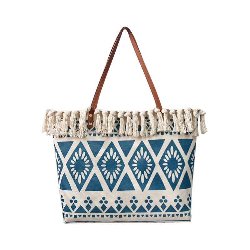 Cross-Border Canvas Bag, Fringed Handbag, Large-Capacity Portable And Simple Handcrafted Tote Bag, Commuting Fringed Bag, Bohemian Ethnic Style Printed Handbag, Embroidered Women's Single-Shoulder Handbag, Tote Bag, Women's Canvas Bag Item Picture