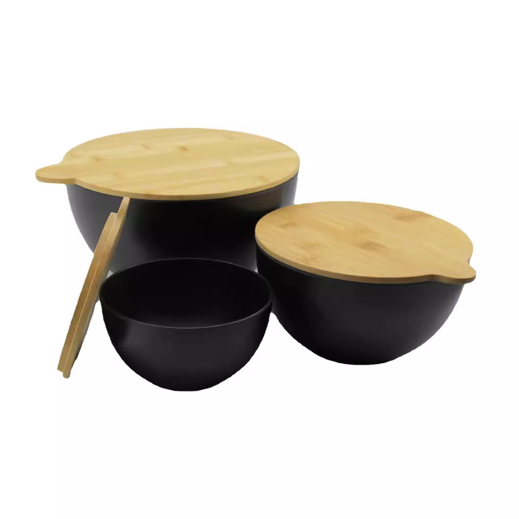 Three sets of bamboo fiber salad bowls, large, medium and small, with bamboo LIDS for fruit and vegetable salad snacks Item Picture