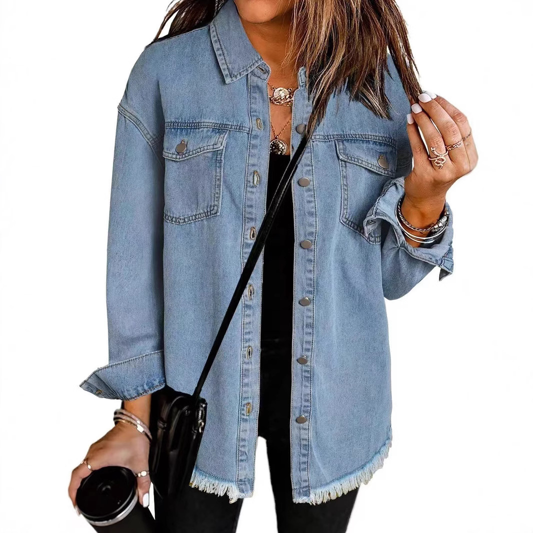 New cross-border washed denim shirt jacket for 2024, a stylish streetwear jacket with a brushed hem for European and American women's autumn and winter details Picture