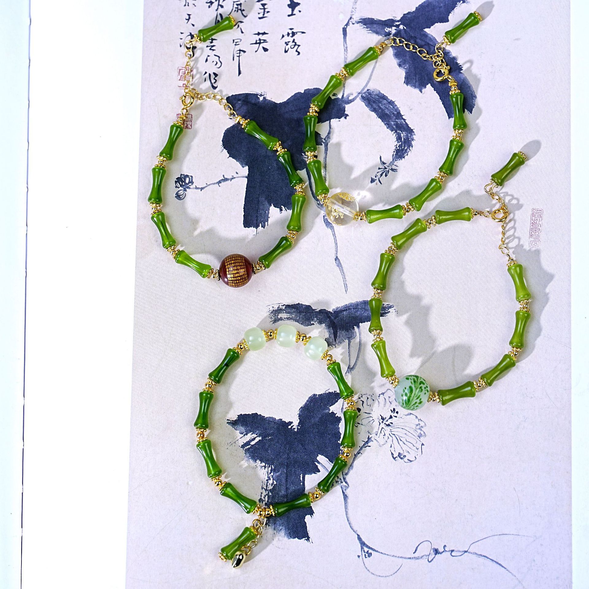 新中式和田玉竹节水晶手链串珠女高级感爱心吊坠玛瑙手串饰品配饰