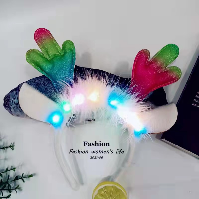 网红圣诞节发光羽毛鹿角发箍闪光耳朵鹿角发饰头扣跨境亚马逊专供