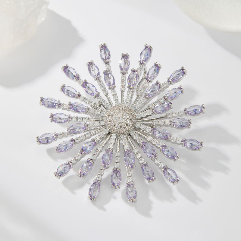 A light luxury amethyst firework brooch made of copper alloy with micro-inlaid zirconium, a fashionable, eye-catching and high-end clothing brooch bestseller Application Scenario
