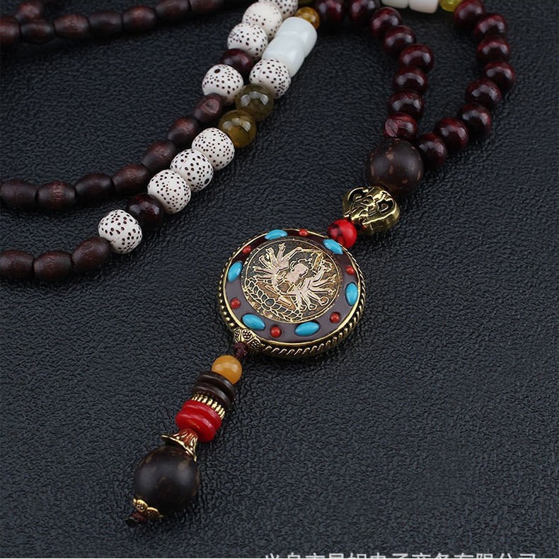 民族风尼泊尔唐卡平安财神吊坠木珠项链佛珠长款毛衣配饰异域风情白底实物图