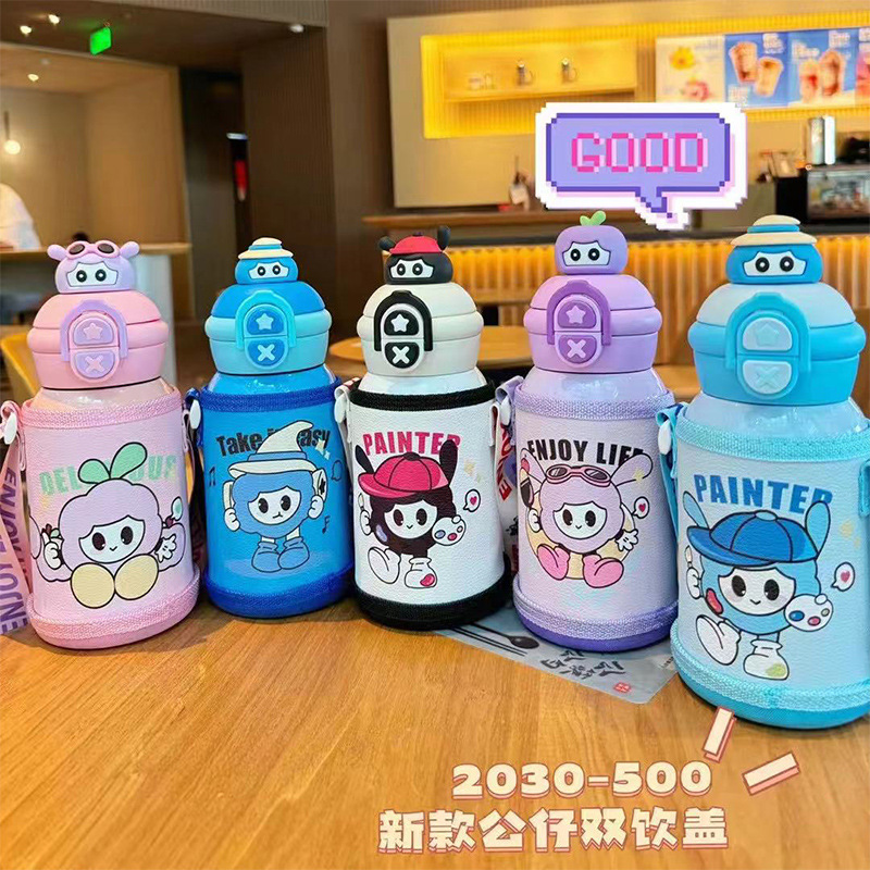 新款公仔儿童保温杯316不锈钢双饮吸管杯可爱幼儿园宝宝专用水杯