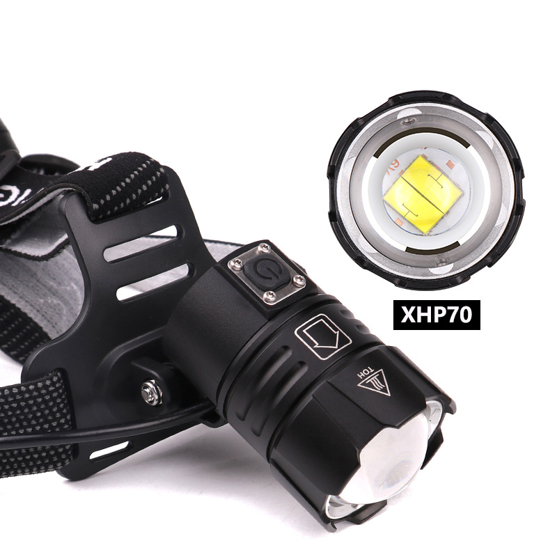 The new cross-border XHP70 telescopic zoom headlamp, USB charging, battery level display, large lens XHP70 strong headlamp