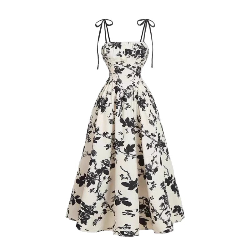 2026 European and American Amazon French retro floral print elegant and intellectual waist-cinched halter dress for women Item Picture