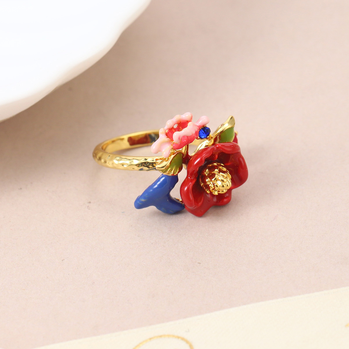 森系珐琅高级感锆石彩色戒指可调节小众设计不掉色花朵指环开口戒细节图