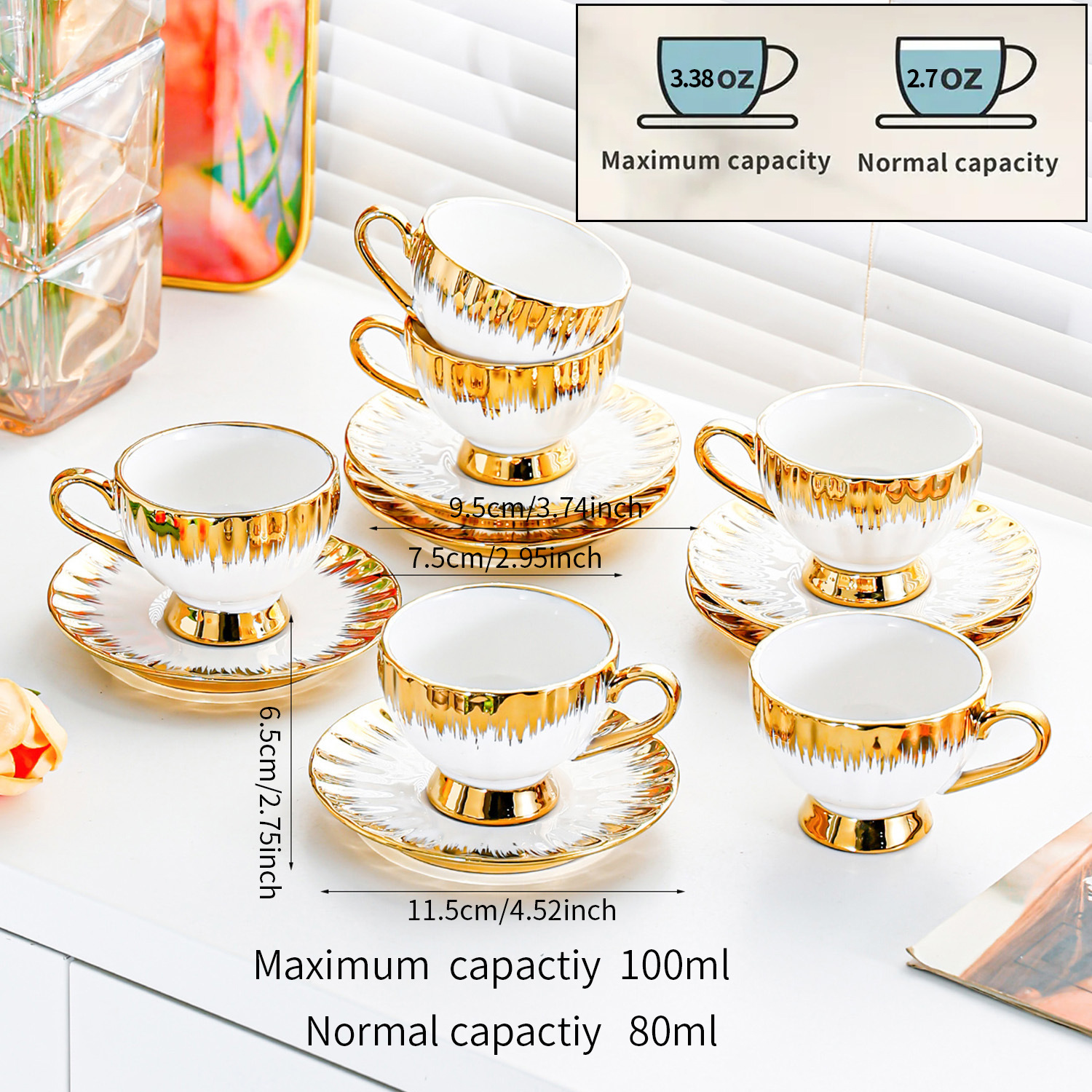 European-style ceramic tea cups, electroplated gold-edge coffee cups and saucers, afternoon tea sets, home hospitality, light luxury and high-end cup and saucer sets Specification image