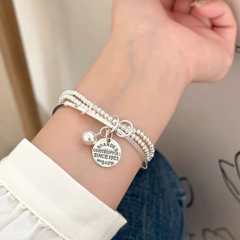 Three-layer multi-loop round bracelet, Korean S925 sterling silver InS-style curved tube elastic rope, silver bead elastic rope bracelet for women