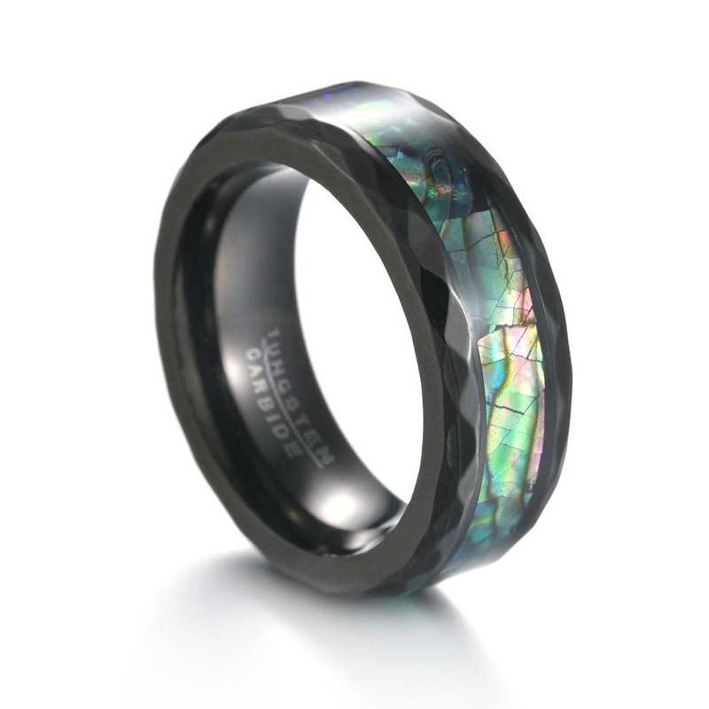 European and American cross-border style diamond-shaped edge-plated black rose gold ring for men, titanium steel set abalone shell ring Item Picture