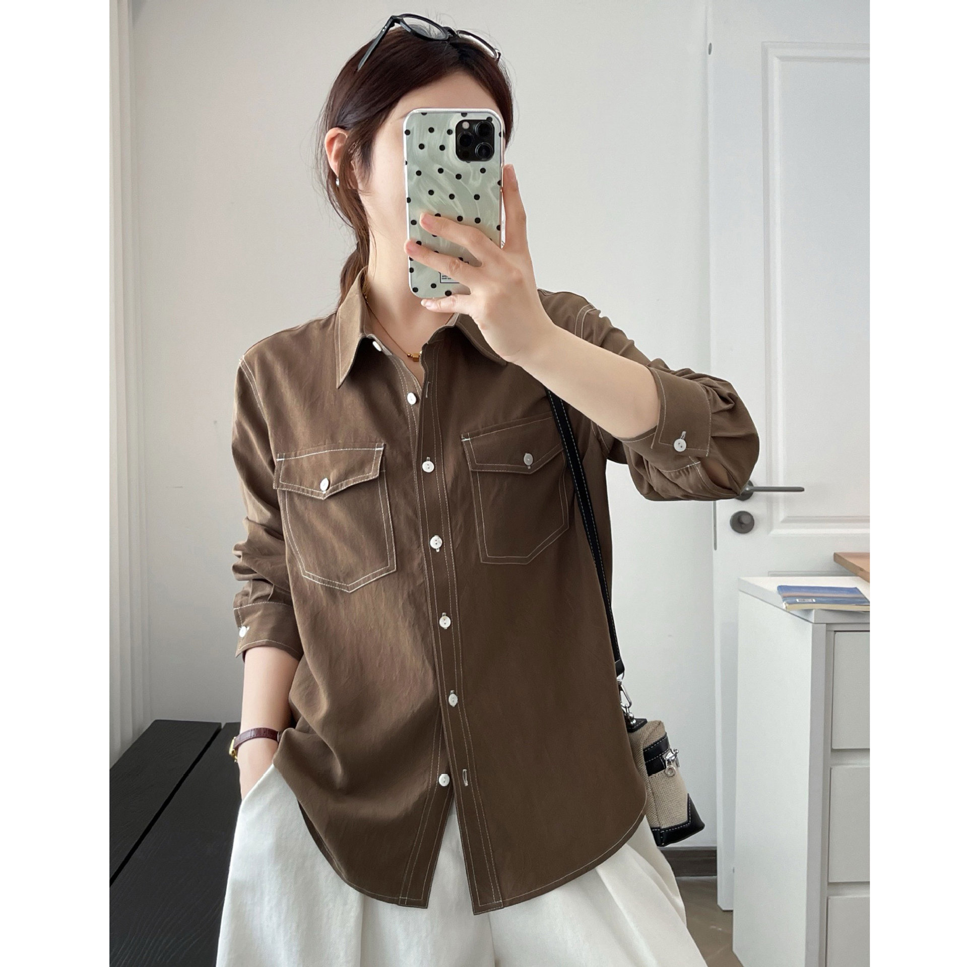 25秋季明线撞色设计感小众衬衫女宽松休闲全棉百搭通勤上衣25591