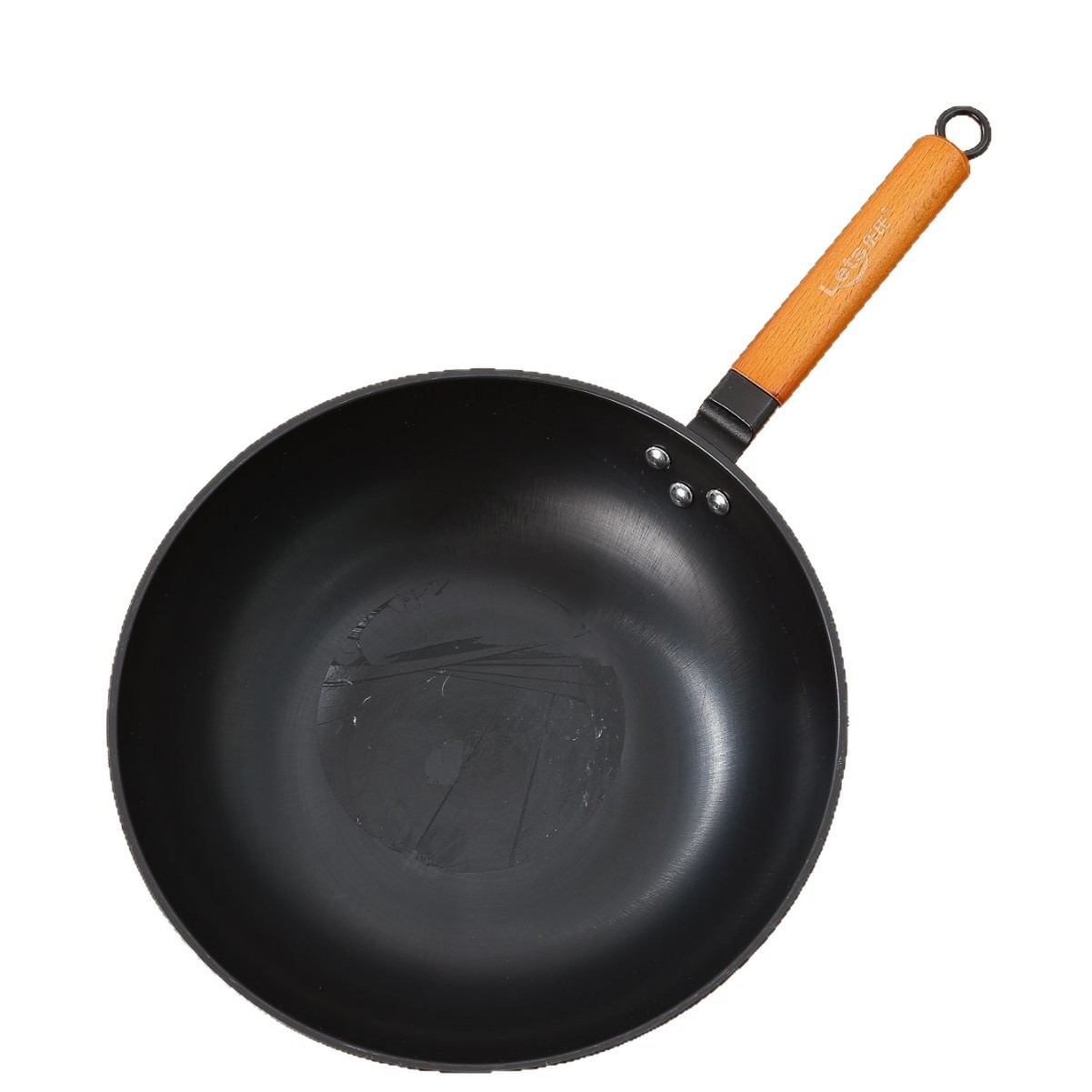 乐氏精制铸铁真不锈炒锅工厂批发不易粘锅不易生锈铁锅超市同款锅白底实物图