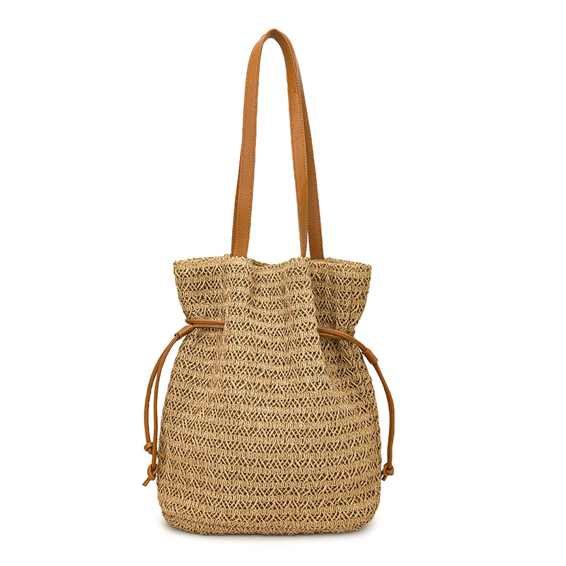 Cross-Border Straw Woven Bag, Laid-Back Style Woven Single-Shoulder Bag For Women, New Large-Capacity Drawstring Handbag, Fashionable, Trendy And Personalized Bag, Women's Handcrafted Straw Woven Bag Item Picture