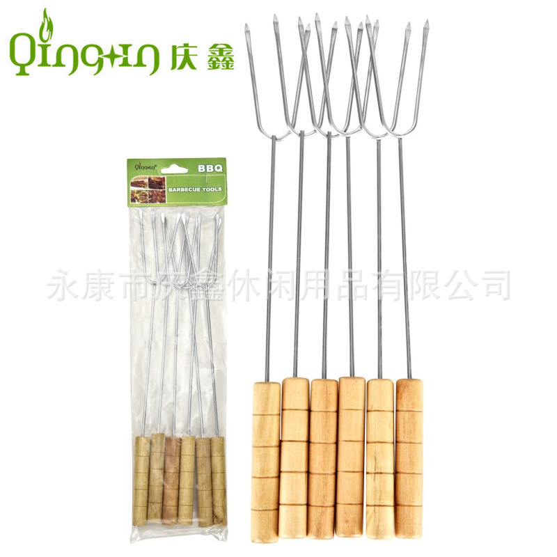 厂家批发烧烤工具套装6支大烧烤针烧烤签不锈钢U型烤鱼叉