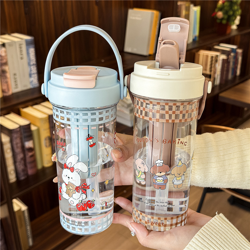 Cute double-drinking straw cup, portable high appearance level student water cup, gift cup wholesale, new cartoon tea strapping plastic cup details Picture